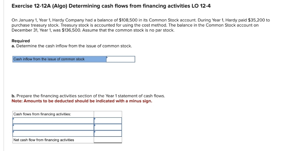 Exercise 12-12A (Algo) Determining cash flows from financing activities LO 12-4
On January 1, Year 1, Hardy Company had a balance of $108,500 in its Common Stock account. During Year 1, Hardy paid $35,200 to
purchase treasury stock. Treasury stock is accounted for using the cost method. The balance in the Common Stock account on
December 31, Year 1, was $136,500. Assume that the common stock is no par stock.
Required
a. Determine the cash inflow from the issue of common stock.
Cash inflow from the issue of common stock
b. Prepare the financing activities section of the Year 1 statement of cash flows.
Note: Amounts to be deducted should be indicated with a minus sign.
Cash flows from financing activities:
Net cash flow from financing activities