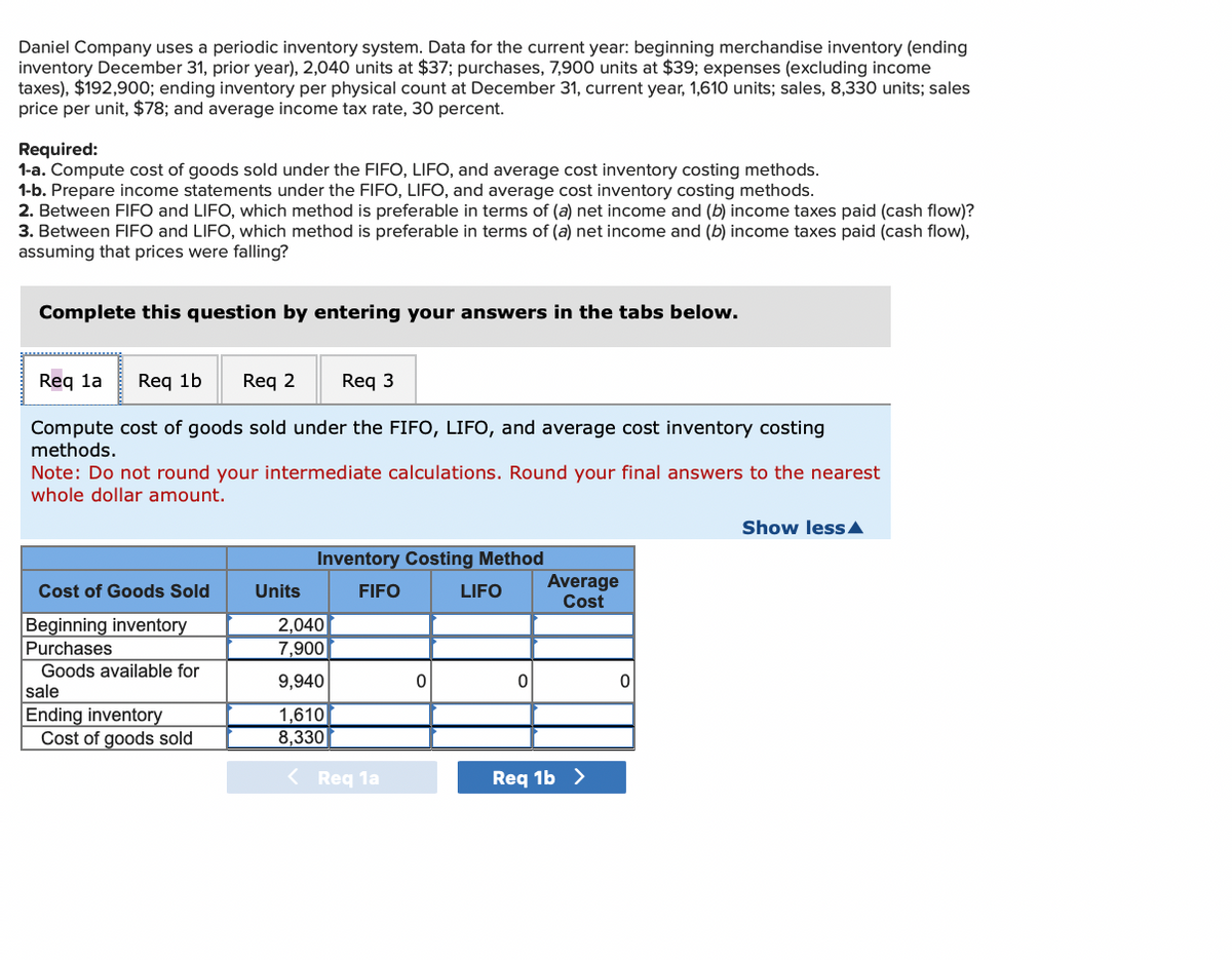 Daniel Company uses a periodic inventory system. Data for the current year: beginning merchandise inventory (ending
inventory December 31, prior year), 2,040 units at $37; purchases, 7,900 units at $39; expenses (excluding income
taxes), $192,900; ending inventory per physical count at December 31, current year, 1,610 units; sales, 8,330 units; sales
price per unit, $78; and average income tax rate, 30 percent.
Required:
1-a. Compute cost of goods sold under the FIFO, LIFO, and average cost inventory costing methods.
1-b. Prepare income statements under the FIFO, LIFO, and average cost inventory costing methods.
2. Between FIFO and LIFO, which method is preferable in terms of (a) net income and (b) income taxes paid (cash flow)?
3. Between FIFO and LIFO, which method is preferable in terms of (a) net income and (b) income taxes paid (cash flow),
assuming that prices were falling?
Complete this question by entering your answers in the tabs below.
Req la Req 1b Req 2 Req 3
Compute cost of goods sold under the FIFO, LIFO, and average cost inventory costing
methods.
Note: Do not round your intermediate calculations. Round your final answers to the nearest
whole dollar amount.
Cost of Goods Sold
Beginning inventory
Purchases
Goods available for
sale
Ending inventory
Cost of goods sold
Units
Inventory Costing Method
FIFO
LIFO
2,040
7,900
9,940
1,610
8,330
Req 1a
0
0
Average
Cost
Req 1b >
0
Show less A