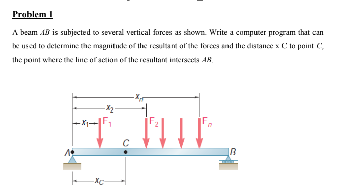 Problem 1
A beam AB is subjected to several vertical forces as shown. Write a computer program that can
be used to determine the magnitude of the resultant of the forces and the distance x C to point C,
the point where the line of action of the resultant intersects AB.
- X,7
- X2-
C
A
|B
