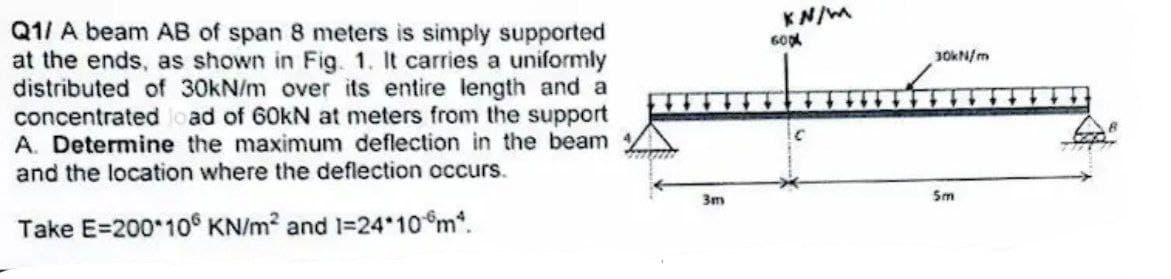 Q1/ A beam AB of span 8 meters is simply supported
at the ends, as shown in Fig. 1. It carries a uniformly
distributed of 30kN/m over its entire length and a
concentrated load of 60kN at meters from the support
A. Determine the maximum deflection in the beam
and the location where the deflection occurs.
Take E=200*10 KN/m² and 1=24*10m².
3m
KN/M
600
C
30kN/m
5m
