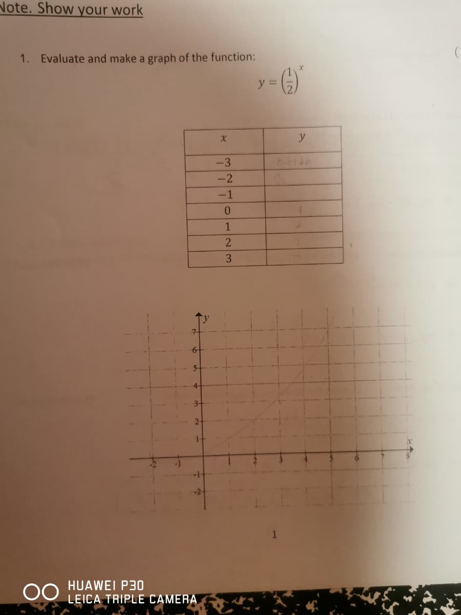 Note. Show your work
1. Evaluate and make a graph of the function:
OO
-6-
HUAWEI P30
LEICA TRIPLE CAMERA
X
-3
-2
-1
0
1
2
3
y = (-/-)*
y
0-0126
6