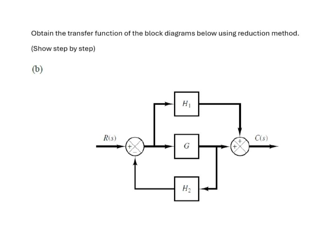 Obtain the transfer function of the block diagrams below using reduction method.
(Show step by step)
(b)
R(s)
H₁
C(s)
G
H₂