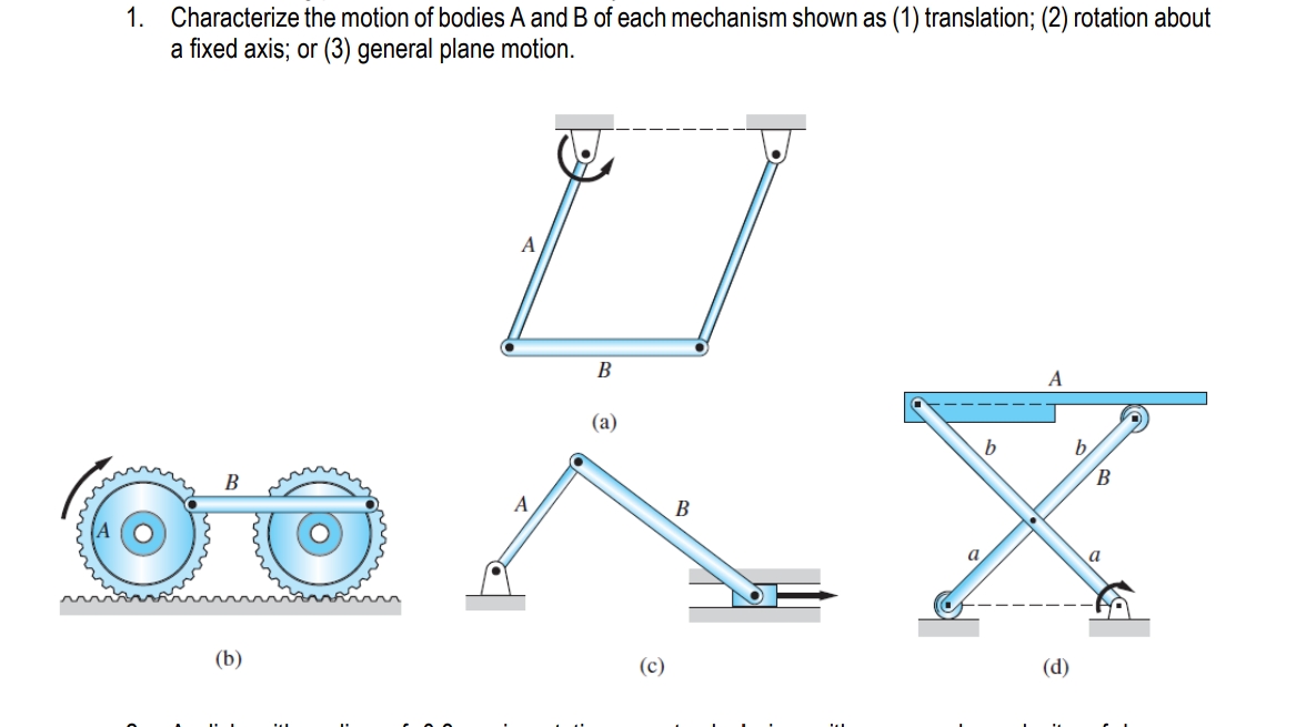 1. Characterize the motion of bodies A and B of each mechanism shown as (1) translation; (2) rotation about
a fixed axis; or (3) general plane motion.
A
B
A
(а)
b.
b.
B.
A
В
a
a
(c)
(d)
(b)
