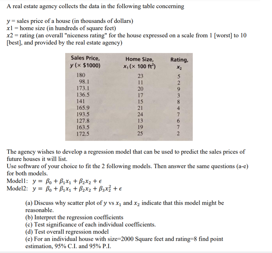 A real estate agency collects the data in the following table concerning
y = sales price of a house (in thousands of dollars)
xl = home size (in hundreds of square feet)
x2 = rating (an overall "niceness rating" for the house expressed on a scale from 1 [worst] to 10
[best], and provided by the real estate agency)
Sales Price,
Home Size,
Rating,
y (x $1000)
X, (× 100 ft³)
X2
180
98.1
173.1
136.5
23
11
20
17
141
15
8
165.9
21
4
193.5
127.8
163.5
172.5
24
13
19
25
The agency wishes to develop a regression model that can be used to predict the sales prices of
future houses it will list.
Use software of your choice to fit the 2 following models. Then answer the same questions (a-e)
for both models.
Modell: у %3 Во + Bix, + Bгх2 + €
Model2: y = Bo + B1x1 + B2x2 + B3x² + e
(a) Discuss why scatter plot of y vs x, and x2 indicate that this model might be
reasonable.
(b) Interpret the regression coefficients
(c) Test significance of each individual coefficients.
(d) Test overall regression model
(e) For an individual house with size=2000 Square feet and rating=8 find point
estimation, 95% C.I. and 95% P.I.
5293 00 +76 72
