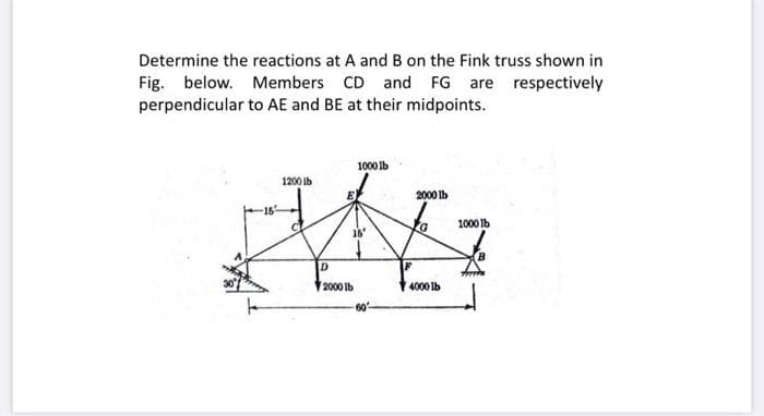 Determine the reactions at A and B on the Fink truss shown in
below. Members CD and FG
Fig.
perpendicular to AE and BE at their midpoints.
are respectively
1000 lb
1200 Ib
E
2000 Ib
-15
1000 lb
16
ID
2000 lb
4000 lb
60
