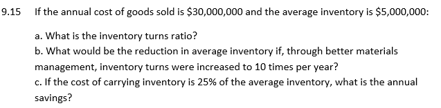 9.15
If the annual cost of goods sold is $30,000,000 and the average inventory is $5,000,000:
a. What is the inventory turns ratio?
b. What would be the reduction in average inventory if, through better materials
management, inventory turns were increased to 10 times per year?
c. If the cost of carrying inventory is 25% of the average inventory, what is the annual
savings?