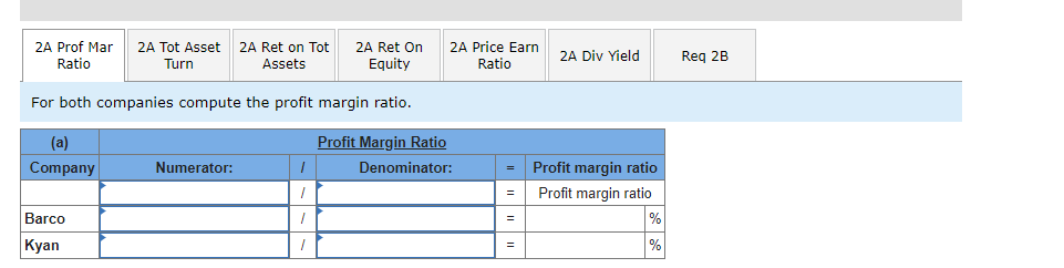 2A Prof Mar 2A Tot Asset 2A Ret on Tot 2A Ret On
Ratio
Turn
Assets
Equity
For both companies compute the profit margin ratio.
Profit Margin Ratio
Denominator:
(a)
Company
Barco
Kyan
Numerator:
/
I
I
2A Price Earn
Ratio
=
=
=
=
2A Div Yield
Profit margin ratio
Profit margin ratio
%
%
Req 2B