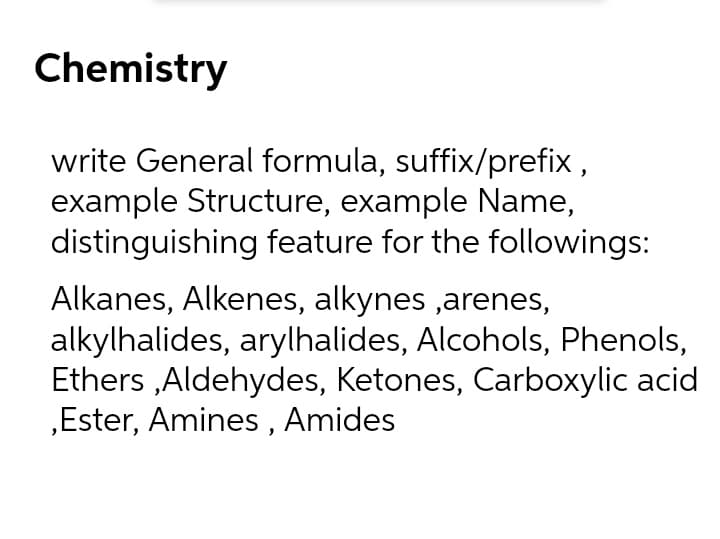Chemistry
write General formula, suffix/prefix,
example Structure, example Name,
distinguishing feature for the followings:
Alkanes, Alkenes, alkynes ,arenes,
alkylhalides, arylhalides, Alcohols, Phenols,
Ethers „Aldehydes, Ketones, Carboxylic acid
„Ester, Amines , Amides
