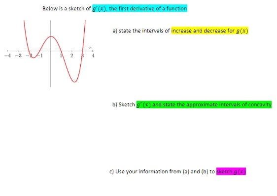 Below is a sketch of g'(x), the first derivative of a function
a) state the intervals of increase and decrease for g(x)
-4 -3
b) Sketch g"(x) and state the approximate intervals of concavity
c) Use your information from (a) and (b) to sketch g (x)
