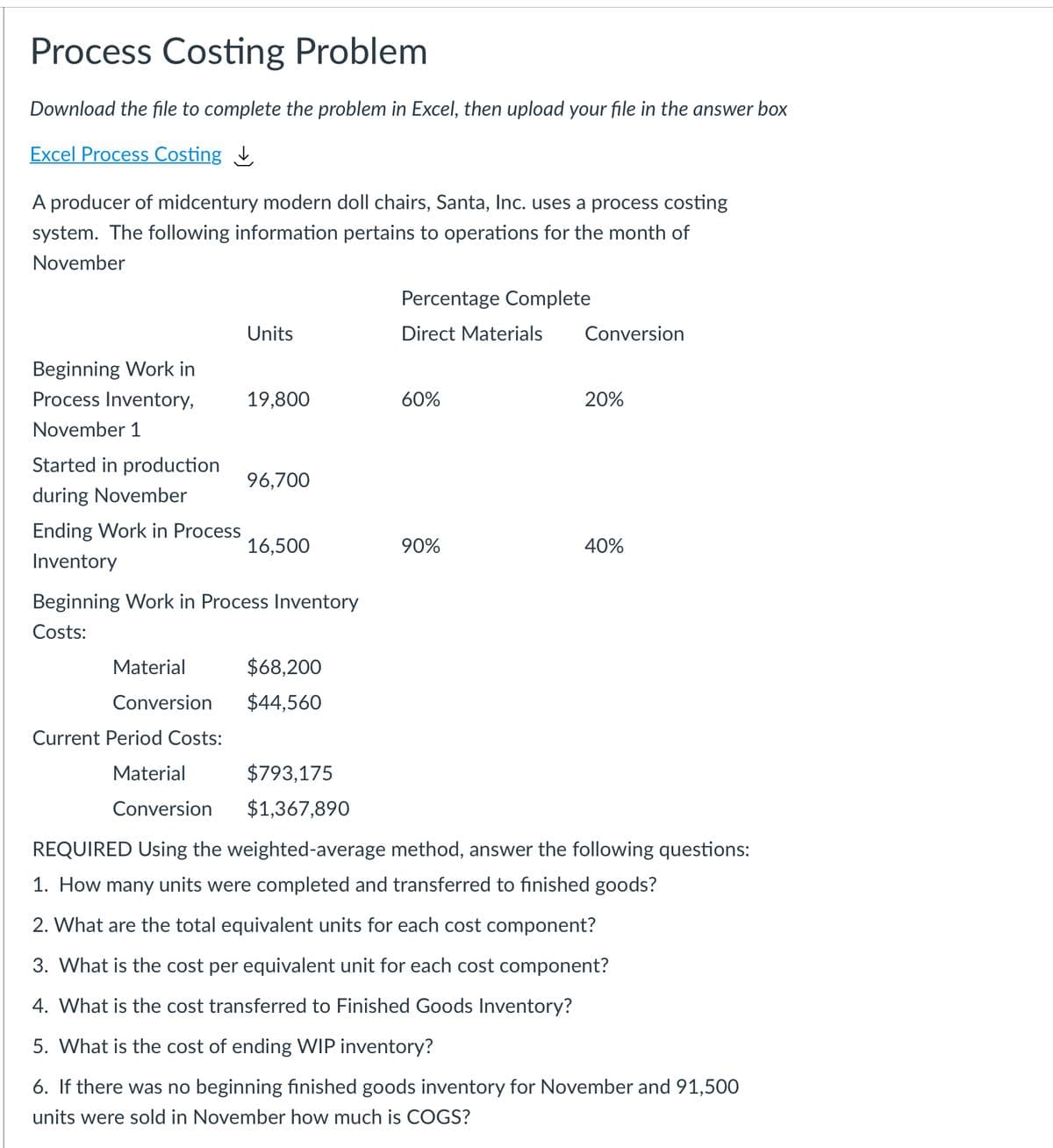 Process Costing Problem
Download the file to complete the problem in Excel, then upload your file in the answer box
Excel Process Costing
A producer of midcentury modern doll chairs, Santa, Inc. uses a process costing
system. The following information pertains to operations for the month of
November
Percentage Complete
Units
Direct Materials
Conversion
Beginning Work in
Process Inventory,
19,800
60%
20%
November 1
Started in production
96,700
during November
Ending Work in Process
16,500
90%
40%
Inventory
Beginning Work in Process Inventory
Costs:
Material
$68,200
Conversion
$44,560
Current Period Costs:
Material
$793,175
Conversion
$1,367,890
REQUIRED Using the weighted-average method, answer the following questions:
1. How many units were completed and transferred to finished goods?
2. What are the total equivalent units for each cost component?
3. What is the cost per equivalent unit for each cost component?
4. What is the cost transferred to Finished Goods Inventory?
5. What is the cost of ending WIP inventory?
6. If there was no beginning finished goods inventory for November and 91,500
units were sold in November how much is COGS?
