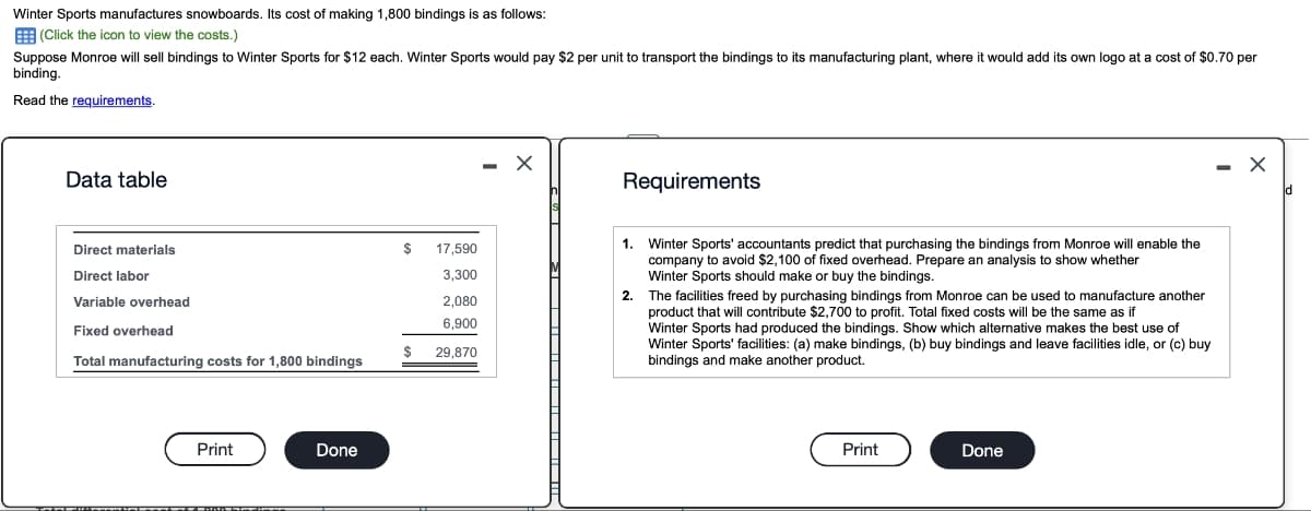 Winter Sports manufactures snowboards. Its cost of making 1,800 bindings is as follows:
(Click the icon to view the costs.)
Suppose Monroe will sell bindings to Winter Sports for $12 each. Winter Sports would pay $2 per unit to transport the bindings to its manufacturing plant, where it would add its own logo at a cost of $0.70 per
binding.
Read the requirements.
Data table
Direct materials
Direct labor
Variable overhead
Fixed overhead
Total manufacturing costs for 1,800 bindings
Print
a da pa s
Done
$
17,590
3,300
2,080
6,900
$ 29,870
X
Requirements
1.
Winter Sports' accountants predict that purchasing the bindings from Monroe will enable the
company to avoid $2,100 of fixed overhead. Prepare an analysis to show whether
Winter Sports should make or buy the bindings.
2. The facilities freed by purchasing bindings from Monroe can be used to manufacture another
product that will contribute $2,700 to profit. Total fixed costs will be the same as if
Winter Sports had produced the bindings.Show which alternative makes the best use of
Winter Sports' facilities: (a) make bindings, (b) buy bindings and leave facilities idle, or (c) buy
bindings and make another product.
Print
Done
X
ld