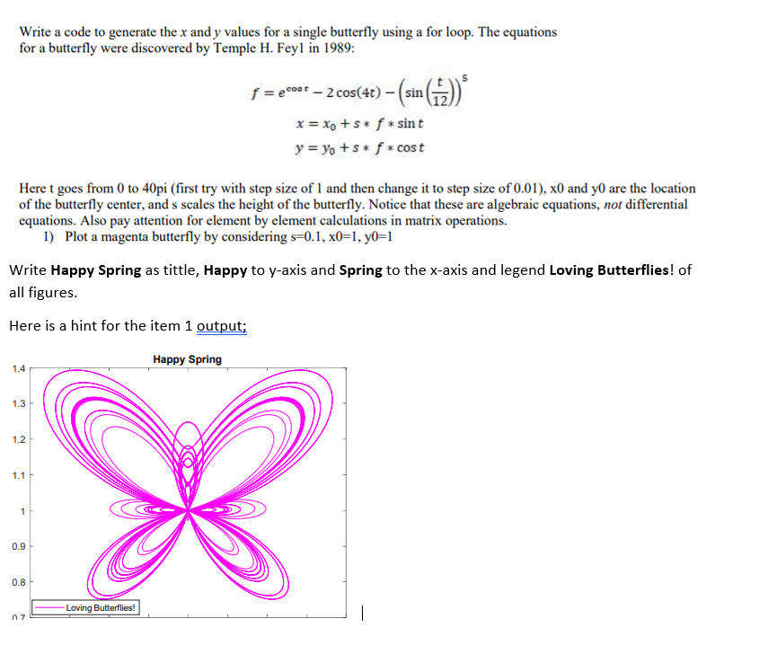 Write a code to generate the x and y values for a single butterfly using a for loop. The equations
for a butterfly were discovered by Temple H. Feyl in 1989:
f = c0st - 2 cos(4t) - (sin )
x = xo +s* f * sint
y = yo +s* f * cost
Here t goes from 0 to 40pi (first try with step size of 1 and then change it to step size of 0.01), x0 and y0 are the location
of the butterfly center, and s scales the height of the butterfly. Notice that these are algebraic equations, not differential
equations. Also pay attention for element by element calculations in matrix operations.
1) Plot a magenta butterfly by considering s=0.1, x0=1, y0=1
Write Happy Spring as tittle, Happy to y-axis and Spring to the x-axis and legend Loving Butterflies! of
all figures.
Here is a hint for the item 1 output;
Happy Spring
1.4
1.3
1.2
1.1
0.9
0.8
Loving Butterflies!
1.
