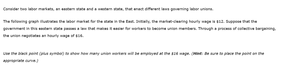 Consider two labor markets, an eastern state and a western state, that enact different laws governing labor unions.
The following graph illustrates the labor market for the state in the East. Initially, the market-clearing hourly wage is $12. Suppose that the
government in this eastern state passes a law that makes it easier for workers to become union members. Through a process of collective bargaining,
the union negotiates an hourly wage of $16.
Use the black point (plus symbol) to show how many union workers will be employed at the $16 wage. (Hint: Be sure to place the point on the
appropriate curve.)