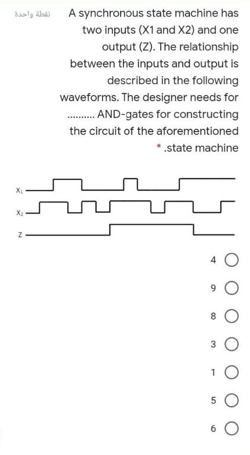 نقطة واحدة
A synchronous state machine has
two inputs (X1 and X2) and one
output (Z). The relationship
between the inputs and output is
described in the following
waveforms. The designer needs for
. . AND-gates for constructing
the circuit of the aforementioned
* .state machine
X1
X2
8
1 O
