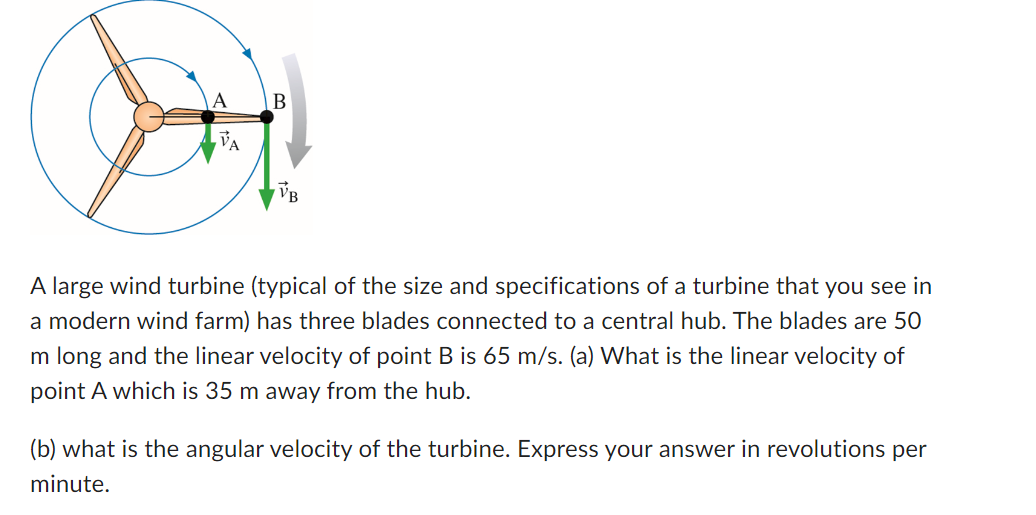 A
D
B
VB
A large wind turbine (typical of the size and specifications of a turbine that you see in
a modern wind farm) has three blades connected to a central hub. The blades are 50
m long and the linear velocity of point B is 65 m/s. (a) What is the linear velocity of
point A which is 35 m away from the hub.
(b) what is the angular velocity of the turbine. Express your answer in revolutions per
minute.
