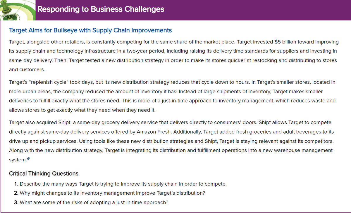 Responding to Business Challenges
Target Aims for Bullseye with Supply Chain Improvements
Target, alongside other retailers, is constantly competing for the same share of the market place. Target invested $5 billion toward improving
its supply chain and technology infrastructure in a two-year period, including raising its delivery time standards for suppliers and investing in
same-day delivery. Then, Target tested a new distribution strategy in order to make its stores quicker at restocking and distributing to stores
and customers.
Target's "replenish cycle" took days, but its new distribution strategy reduces that cycle down to hours. In Target's smaller stores, located in
more urban areas, the company reduced the amount of inventory it has. Instead of large shipments of inventory, Target makes smaller
deliveries to fulfill exactly what the stores need. This is more of a just-in-time approach to inventory management, which reduces waste and
allows stores to get exactly what they need when they need it.
Target also acquired Shipt, a same-day grocery delivery service that delivers directly to consumers' doors. Shipt allows Target to compete
directly against same-day delivery services offered by Amazon Fresh. Additionally, Target added fresh groceries and adult beverages to its
drive up and pickup services. Using tools like these new distribution strategies and Shipt, Target is staying relevant against its competitors.
Along with the new distribution strategy, Target is integrating its distribution and fulfillment operations into a new warehouse management
system.e
Critical Thinking Questions
1. Describe the many ways Target is trying to improve its supply chain in order to compete.
2. Why might changes to its inventory management improve Target's distribution?
3. What are some of the risks of adopting a just-in-time approach?