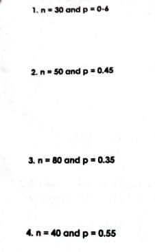 1. n- 30 and p- 0-6
2. n- 50 and p= 0.45
3. n= 80 and p= 0.35
4. n= 40 and p= 0.55
