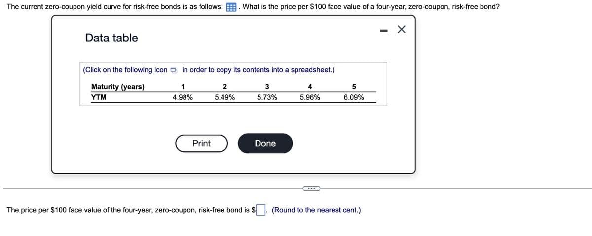 The current zero-coupon yield curve for risk-free bonds is as follows: . What is the price per $100 face value of a four-year, zero-coupon, risk-free bond?
Data table
(Click on the following icon in order to copy its contents into a spreadsheet.)
Maturity (years)
YTM
1
2
3
4
5
4.98%
5.49%
5.73%
5.96%
6.09%
Print
Done
The price per $100 face value of the four-year, zero-coupon, risk-free bond is $
(Round to the nearest cent.)