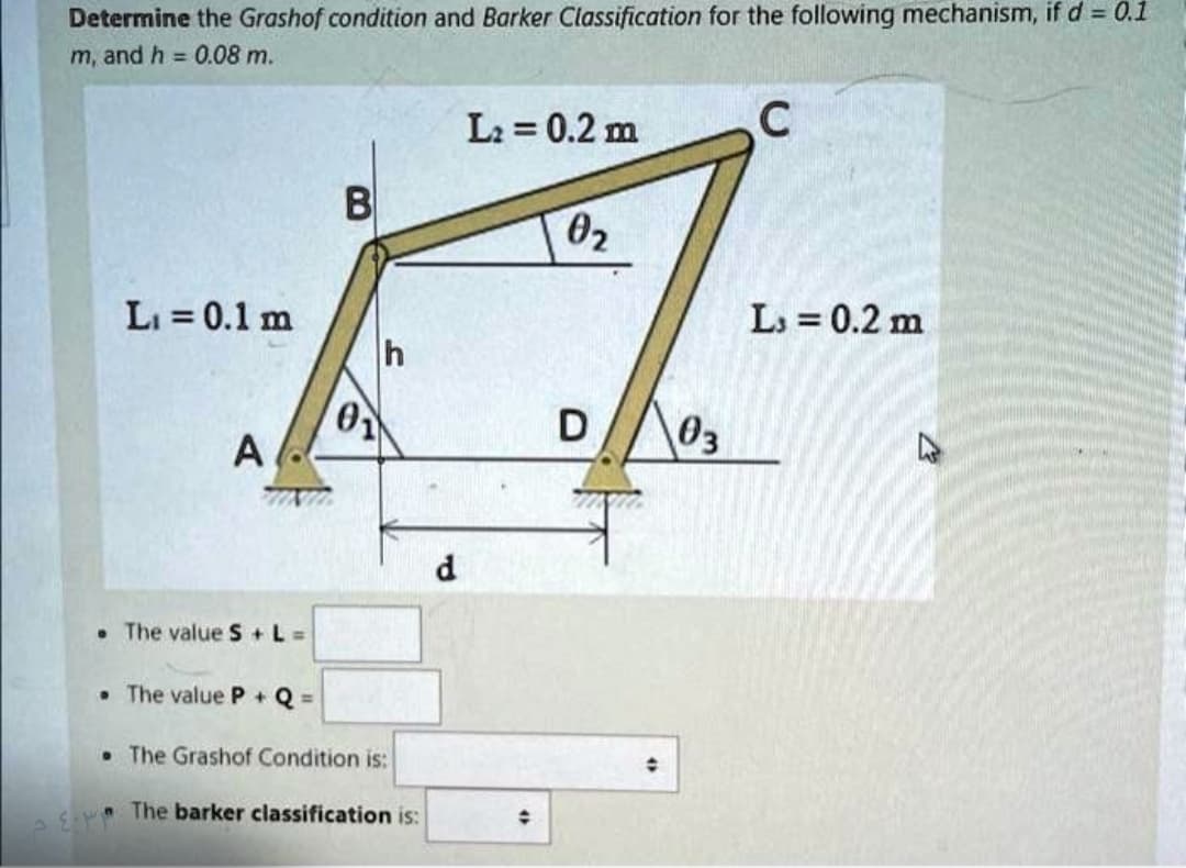 Determine the Grashof condition and Barker Classification for the following mechanism, if d = 0.1
m, and h=0.08 m.
L2 = 0.2 m
C
B
02
L₁ = 0.1 m
L₁ = 0.2 m
h
01
D
03
A
.The value S+L=
.The value P+Q=
.The Grashof Condition is:
The barker classification is:
d