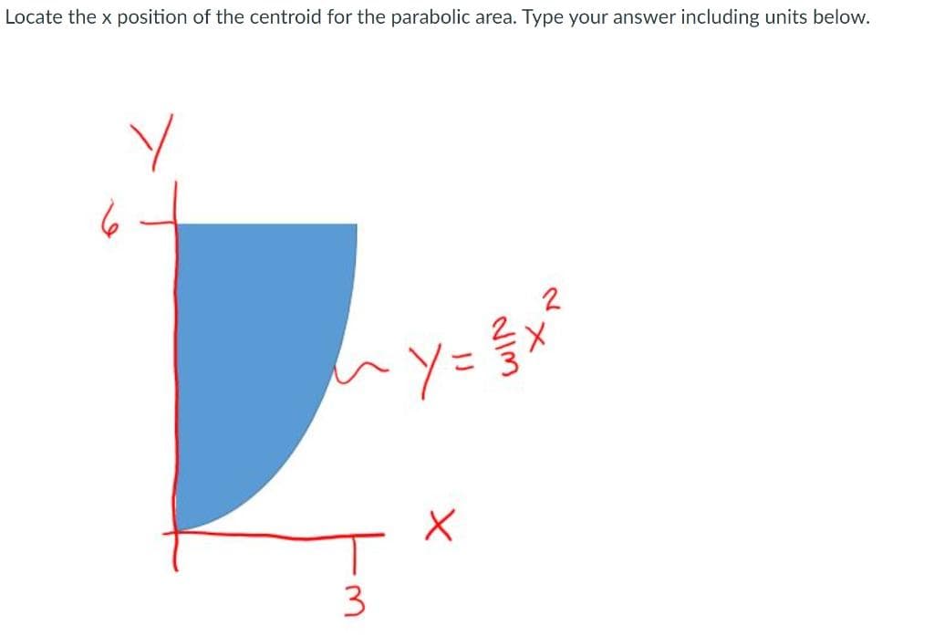 Locate the x position of the centroid for the parabolic area. Type your answer including units below.
2
uy=等
W.
