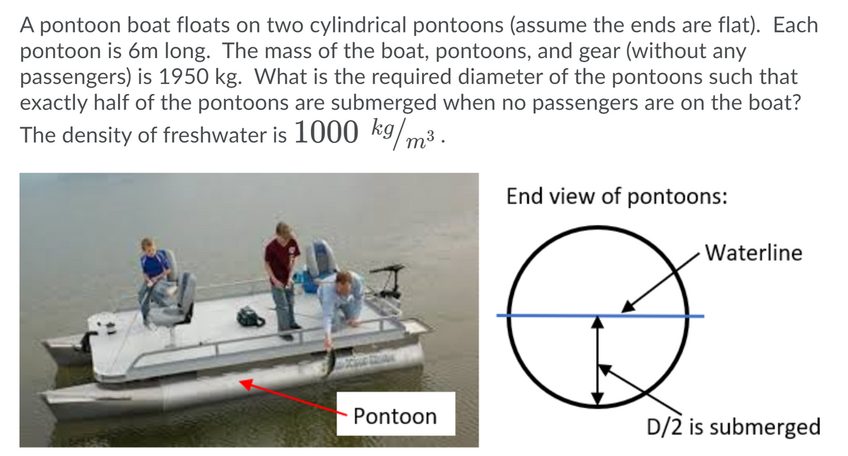 A pontoon boat floats on two cylindrical pontoons (assume the ends are flat). Each
pontoon is 6m long. The mass of the boat, pontoons, and gear (without any
passengers) is 1950 kg. What is the required diameter of the pontoons such that
exactly half of the pontoons are submerged when no passengers are on the boat?
The density of freshwater is 1000 kg/m3.
End view of pontoons:
Waterline
Pontoon
D/2 is submerged
