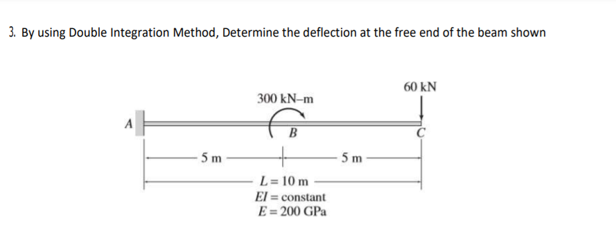 3. By using Double Integration Method, Determine the deflection at the free end of the beam shown
60 kN
300 kN-m
B
5 m
5 m
L= 10 m
El = constant
E= 200 GPa
%3D
