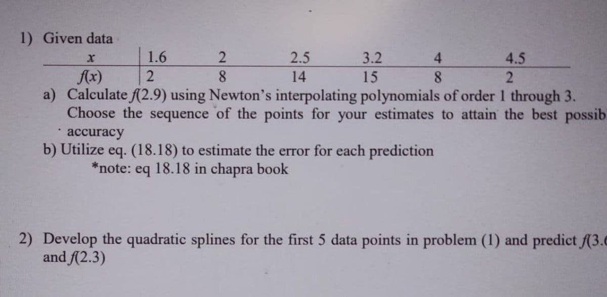1) Given data
4.5
f(x)
2
2
a) Calculate f(2.9) using Newton's interpolating polynomials of order 1 through 3.
Choose the sequence of the points for your estimates to attain the best possib
accuracy
1.6
2
8
2.5
14
3.2
15
4
8
b) Utilize eq. (18.18) to estimate the error for each prediction
*note: eq 18.18 in chapra book
2) Develop the quadratic splines for the first 5 data points in problem (1) and predict (3.0
and f(2.3)