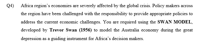Q4) Africa region's economies are severely affected by the global crisis. Policy makers across
the region have been challenged with the responsibility to provide appropriate policies to
address the current economic challenges. You are required using the SWAN MODEL.
developed by Trevor Swan (1956) to model the Australia economy during the great
depression as a guiding instrument for Africa's decision makers.
