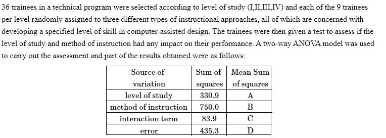 36 trainees in a technical program were selected according to level of study (I,II,III,IV) and each of the 9 trainees
per level randomly assigned to three different types of instructional approaches, all of which are concerned with
developing a specified level of skill in computer-assisted design. The trainees were then given a test to assess if the
level of study and method of instruction had any impact on their performance. A two-way ANOVA model was used
to carry out the assessment and part of the results obtained were as follows:
Sum of
squares
330.9
750.0
83.9
435.3
Source of
variation
level of study
method of instruction
interaction term
error
Mean Sum
of squares
A
B
с
D