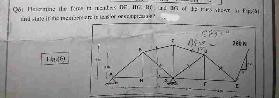 Q6: Determine the force in members DE, HG, BC, and BG of the truss shown in Fig.(6),
and state if the members are in tension or compression?
Fig.(6)
3.m
A
B
H
G
mm
0812-
VD
F
260 N
E
12