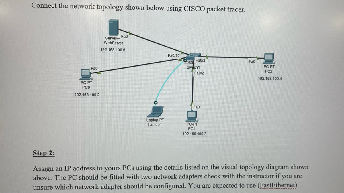 Connect the network topology shown below using CISCO packet tracer.
Server-p Fa0
WebServer
Fa0/10
2960 Fa0/3
Fa0
Switch1
Fa0/2
Fa0
192.168.100.6
Fa0
PC-PT
PC2
192.168.100.4
PC-PT
PC0
192.168.100.2
Laptop-PT
Laptop1
PC-PT
PC1
192.168.100.3
Step 2:
Assign an IP address to yours PCs using the details listed on the visual topology diagram shown
above. The PC should be fitted with two network adapters check with the instructor if you are
unsure which network adapter should be configured. You are expected to use (FastEthernet)