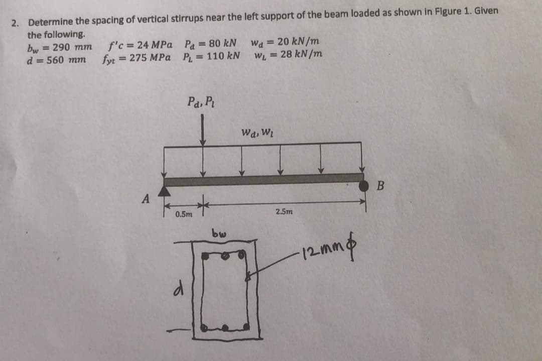 2. Determine the spacing of vertical stirrups near the left support of the beam loaded as shown in Flgure 1. Given
the following.
Wa = 20 kN/m
WL = 28 kN/m
bw = 290 mm
f'c 24 MPa Pa 80 kN
d = 560 mm
fyt
= 275 MPa P, = 110 kN
Pa, Pt
Wa, Wi
0.5m
2.5m
bw
