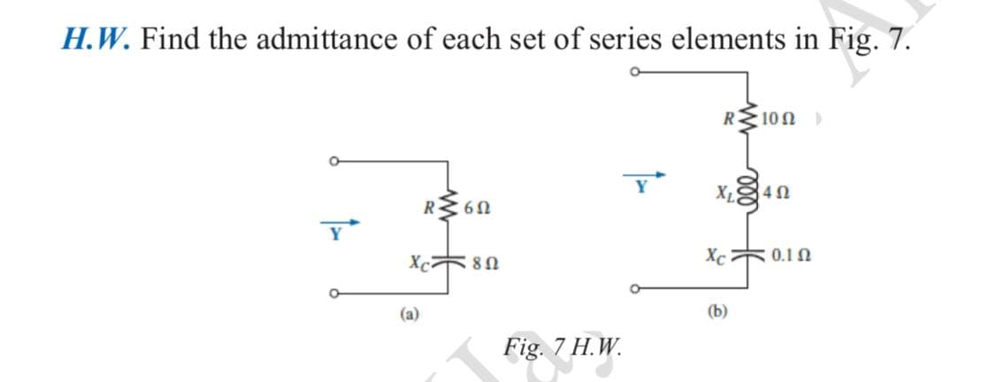 H.W. Find the admittance of each set of series elements in Fig. 7.
RM100 D
XLS
402
R≥6N
Y
Xc80
(a)
Fig. 7 H.W.
Xcz010
(b)