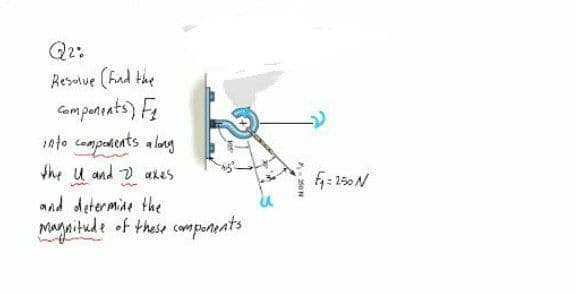 Resalue (Fnd the
Gampantats) F
into compadents alang
the u and v axes
: 150 N
and determine the
Magaitude of these compunents
