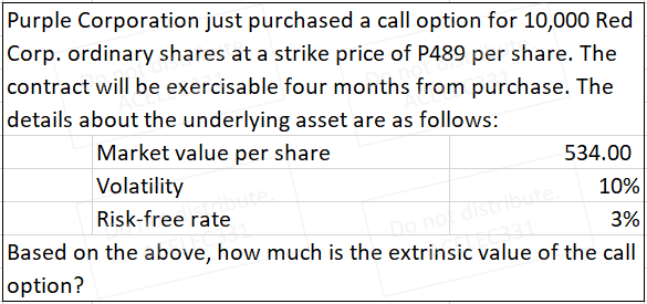 Purple Corporation just purchased a call option for 10,000 Red
Corp. ordinary shares at a strike price of P489 per share. The
contract will be exercisable four months from purchase. The
details about the underlying asset are as follows:
Market value per share
534.00
Volatility
10%
Risk-free rate
3%
Do not distrisute
Based on the above, how much is the extrinsic value of the call
option?
