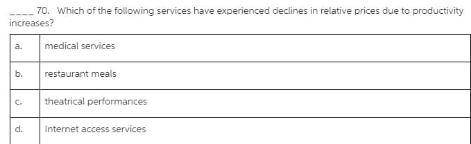 70. Which of the following services have experienced declines in relative prices due to productivity
increases?
a.
medical services
b.
restaurant meals
C.
theatrical performances
d.
Internet access services
