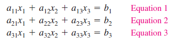 Equation 1
Equation 2
Equation 3
A13X3 = b,
%3D
a1X1 + a12X2 +
azjX1 + a22x2 + az3Xz = b2
az1X1 + a32X2 + a33X3 = b3
b3

