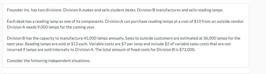 Flounder Inc. has two divisions. Division A makes and sells student desks. Division B manufactures and sells reading lamps.
Each desk has a reading lamp as one of its components. Division A can purchase reading lamps at a cost of $10 from an outside vendor.
Division A needs 9,000 lamps for the coming year.
Division B has the capacity to manufacture 45,000 lamps annually. Sales to outside customers are estimated at 36,000 lamps for the
next year. Reading lamps are sold at $12 each. Variable costs are $7 per lamp and include $2 of variable sales costs that are not
incurred if lamps are sold internally to Division A. The total amount of fixed costs for Division B is $72,000.
Consider the following independent situations.
