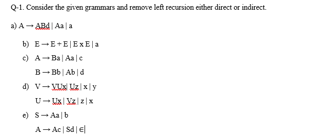 Q-1. Consider the given grammars and remove left recursion either direct or indirect.
a) A - ABd | Aa |a
b) E-E+E|ExE| a
с) А — Вa|Aa | с
B- Bb| Ab|d
d) V- VUx Uz |x|y
U- Ux| Vz|z|x
e) S- Aa |b
A- Ac | Sd|e|
