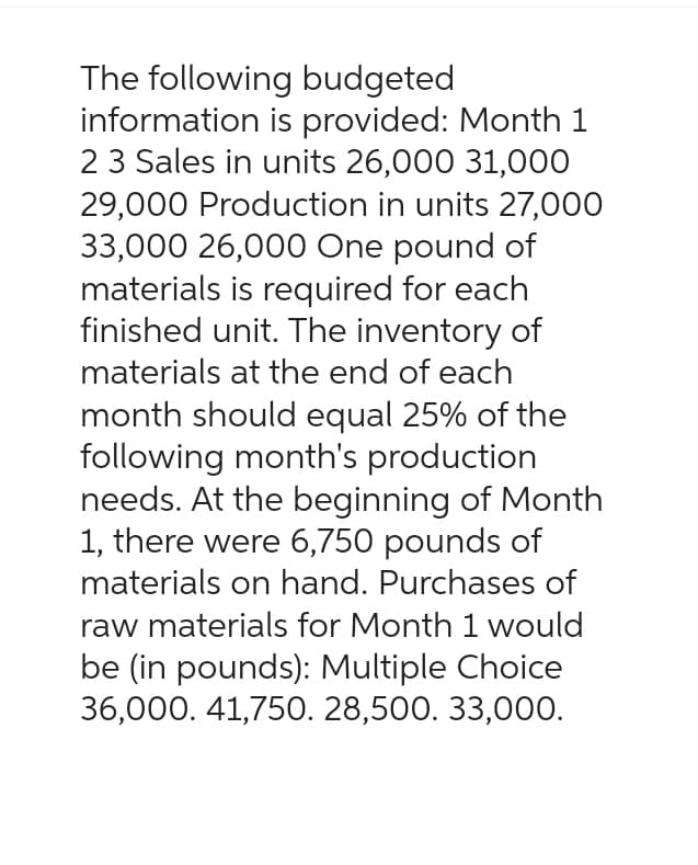 The following budgeted
information
is provided: Month 1
2 3 Sales in units 26,000 31,000
29,000 Production in units 27,000
33,000 26,000 One pound of
materials is required for each
finished unit. The inventory of
materials at the end of each
month should equal 25% of the
following month's production
needs. At the beginning of Month
1, there were 6,750 pounds of
materials on hand. Purchases of
raw materials for Month 1 would
be (in pounds): Multiple Choice
36,000. 41,750. 28,500. 33,000.