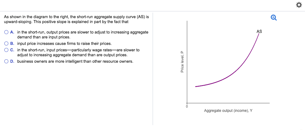 As shown in the diagram to the right, the short-run aggregate supply curve (AS) is
upward-sloping. This positive slope is explained in part by the fact that
O A. in the short-run, output prices are slower to adjust to increasing aggregate
demand than are input prices.
O B. input price increases cause firms to raise their prices.
O C.
in the short-run, input prices-particularly wage rates are slower to
adjust to increasing aggregate demand than are output prices.
O D. business owners are more intelligent than other resource owners.
Price level, P
Aggregate output (income), Y
AS