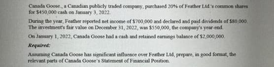 Canada Goose, a Canadian publicly traded company, purchased 20% of Feather Ltd's common shares
for $450,000 cash on January 3, 2022.
During the year, Feather reported net income of $700,000 and declared and paid dividends of $80,000.
The investment's fair value on December 31, 2022, was $550,000, the company's year-end.
On January 1, 2022, Canada Goose had a cash and retained earnings balance of $2,000,000.
Required:
Assuming Canada Goose has significant influence over Feather Ltd, prepare, in good format, the
relevant parts of Canada Goose's Statement of Financial Position.
