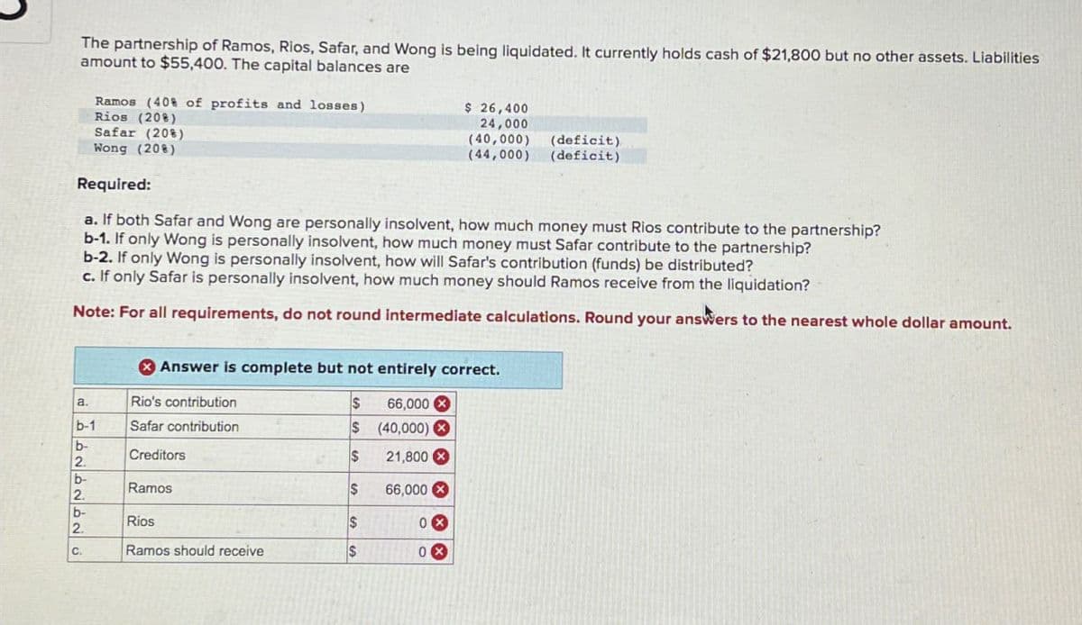 The partnership of Ramos, Rios, Safar, and Wong is being liquidated. It currently holds cash of $21,800 but no other assets. Liabilities
amount to $55,400. The capital balances are
Ramos (40% of profits and losses)
Rios (208)
Safar (20%)
Wong (20%)
Required:
$ 26,400
24,000
(40,000) (deficit)
(44,000) (deficit)
a. If both Safar and Wong are personally insolvent, how much money must Rios contribute to the partnership?
b-1. If only Wong is personally insolvent, how much money must Safar contribute to the partnership?
b-2. If only Wong is personally insolvent, how will Safar's contribution (funds) be distributed?
c. If only Safar is personally insolvent, how much money should Ramos receive from the liquidation?
Note: For all requirements, do not round intermediate calculations. Round your answers to the nearest whole dollar amount.
* Answer is complete but not entirely correct.
a.
Rio's contribution
$
66,000
b-1
Safar contribution
$ (40,000)
b-
Creditors
$
21,800x
2.
b-
Ramos
$
66,000
2.
b-
Rios
$
0×
2.
C.
Ramos should receive
$
0×