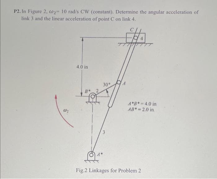 P2. In Figure 2, @2= 10 rad/s CW (constant). Determine the angular acceleration of
link 3 and the linear acceleration of point C on link 4.
@₂
4.0 in
B 2
30°
A
A*B* = 4.0 in
AB* = 2.0 in
Fig.2 Linkages for Problem 2