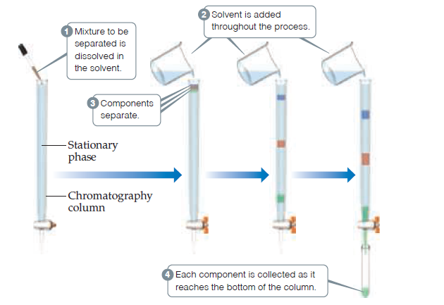 Solvent is added
throughout the process.
Mixture to be
separated is
dissolved in
the solvent.
Components
separate.
-Stationary
phase
Chromatography
column
Each component is collected as it
reaches the bottom of the column.
