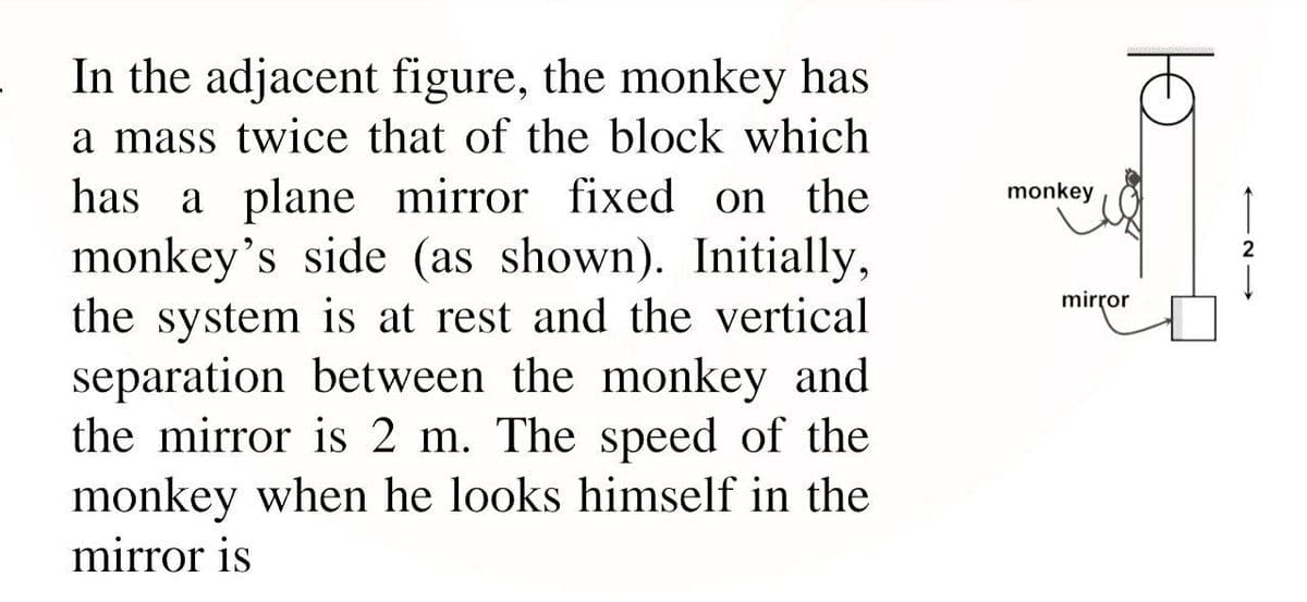 In the adjacent figure, the monkey has
a mass twice that of the block which
has a plane mirror fixed on the
monkey's side (as shown). Initially,
the system is at rest and the vertical
separation between the monkey and
the mirror is 2 m. The speed of the
monkey when he looks himself in the
monkey
2
mirror
mirror is
