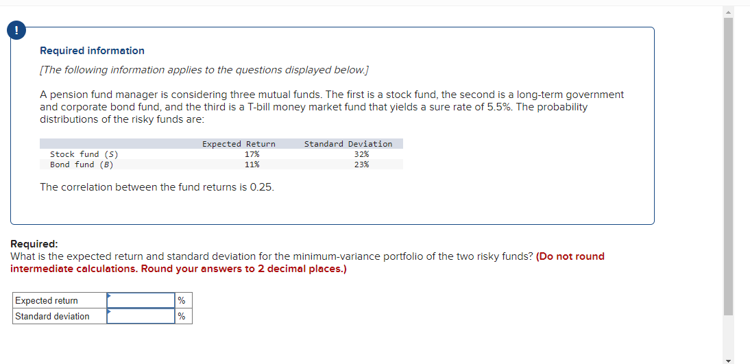Required information
[The following information applies to the questions displayed below.]
A pension fund manager is considering three mutual funds. The first is a stock fund, the second is a long-term government
and corporate bond fund, and the third is a T-bill money market fund that yields a sure rate of 5.5%. The probability
distributions of the risky funds are:
Expected Return
17%
Standard Deviation
32%
Stock fund (S)
Bond fund (B)
11%
23%
The correlation between the fund returns is 0.25.
Required:
What is the expected return and standard deviation for the minimum-variance portfolio of the two risky funds? (Do not round
intermediate calculations. Round your answers to 2 decimal places.)
Expected return
%
Standard deviation
