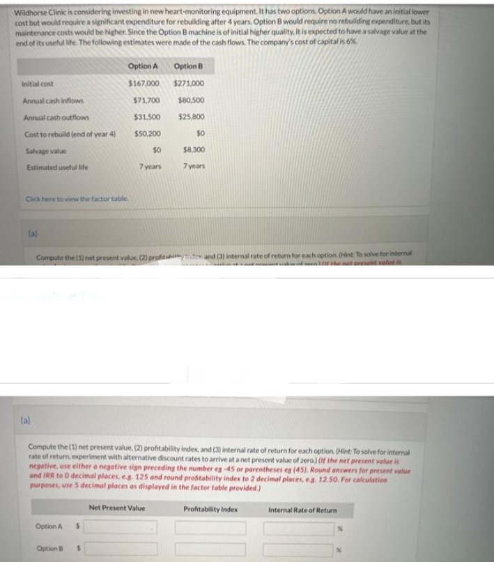 Wildhorse Clinic is considering investing in new heart-monitoring equipment. It has two options. Option A would have an initial lower
cost but would require a significant expenditure for rebuilding after 4 years. Option B would require no rebuilding expenditure, but its
maintenance costs would be higher. Since the Option B machine is of initial higher quality, it is expected to have a salvage value at the
end of its useful life. The following estimates were made of the cash flows. The company's cost of capital is 6%
Initial cost
Annual cash inflows
Annual cash outflows
Cost to rebuild (end of year 4)
Salvage value
Estimated useful life
Click here to view the factor table
(a)
(a)
Option A
Option A
$167,000
$71,700
$31.500
$50,200
Option B
50
7 years
Compute the (1) net present value. (2) profitabilndex and (3) internal rate of return for each option. (Hint: To solve for internal
Wilt the not present value is
S
Option B
$271,000
$80,500
$25,800
Compute the (1) net present value, (2) profitability index, and (3) internal rate of return for each option. (Hint: To solve for internal
rate of return, experiment with alternative discount rates to arrive at a net present value of zero) (If the net present value is
negative, use either a negative sign preceding the number eg -45 or parentheses eg (45). Round answers for present value
and IRR to O decimal places, e.g. 125 and round profitability index to 2 decimal places, e.g. 12.50. For calculation
purposes, use 5 decimal places as displayed in the factor table provided.)
Net Present Value
$0
$8,300
7 years
Profitability Index
Internal Rate of Return