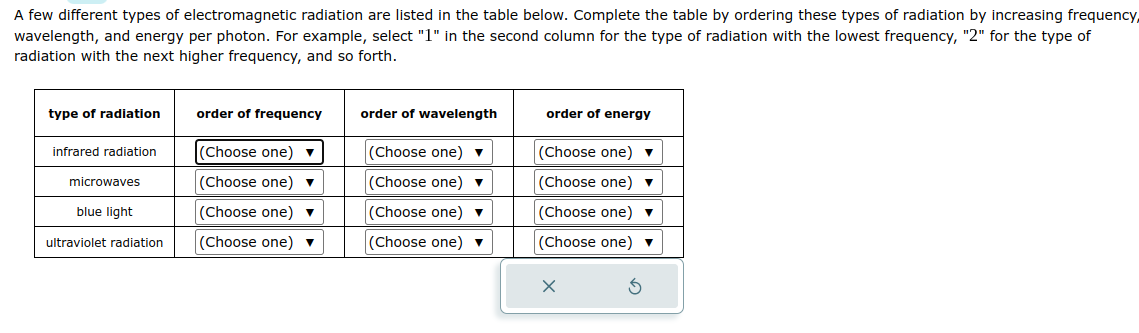 A few different types of electromagnetic radiation are listed in the table below. Complete the table by ordering these types of radiation by increasing frequency,
wavelength, and energy per photon. For example, select "1" in the second column for the type of radiation with the lowest frequency, "2" for the type of
radiation with the next higher frequency, and so forth.
type of radiation
infrared radiation
microwaves
blue light
ultraviolet radiation
order of frequency
(Choose one) ▼
(Choose one) ▼
(Choose one) ▼
(Choose one) ▼
order of wavelength
(Choose one) ▼
(Choose one) ▼
(Choose one)
(Choose one) ▼
order of energy
(Choose one) ▼
(Choose one) ▼
(Choose one)
(Choose one) ▼
X