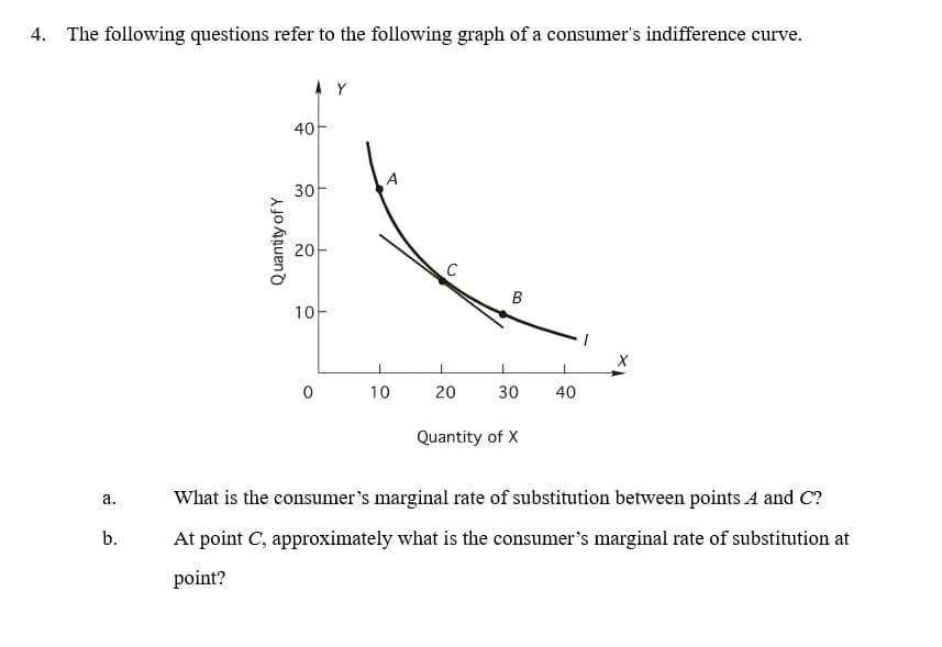 4. The following questions refer to the following graph of a consumer's indifference curve.
a.
b.
Quantity of Y
40
30
20
10
0
T
I
A
10
C
B
1
20 30 40
Quantity of X
X
What is the consumer's marginal rate of substitution between points A and C?
At point C, approximately what is the consumer's marginal rate of substitution at
point?